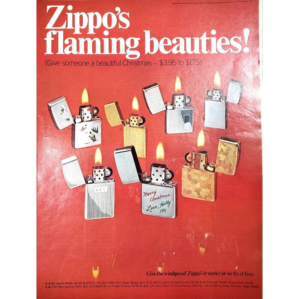 PRINT AD 1969 Zippo Flaming Beauties Christmas Lighters Red 10.5x13